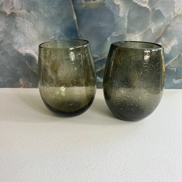 Green Smoke Bubble Glass Stemless Wine Artisan Glass Set of 2 - Picture 2 of 10